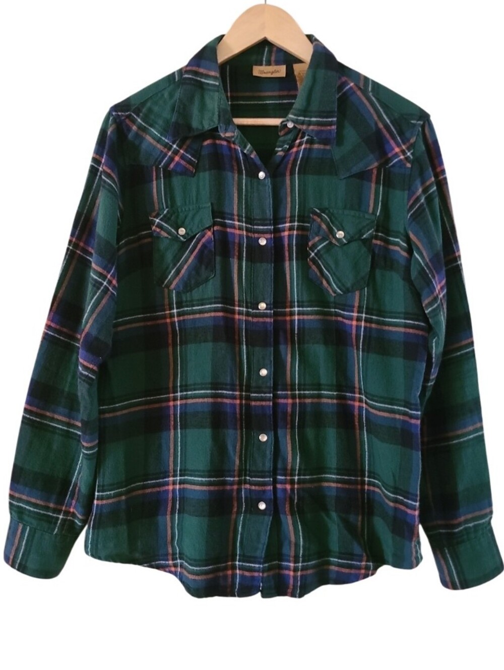 Wrangler Plaid Flannel Pearl Snap Button-Up Longsleeve Shirt Green Pink